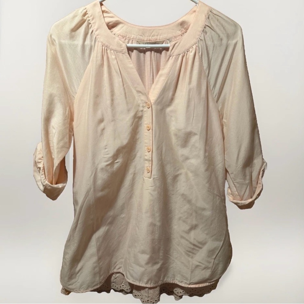 Womens Pink Button-Front Peasant Top